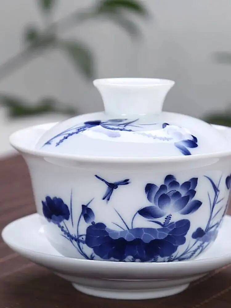 Celadon Ceramic Cup - ชามเซรามิกสีขาวขนาด 3.8 นิ้ว พร้อมฝาปิดขนาดใหญ่ ชามชาเซรามิกสีน้ำเงินและขาว